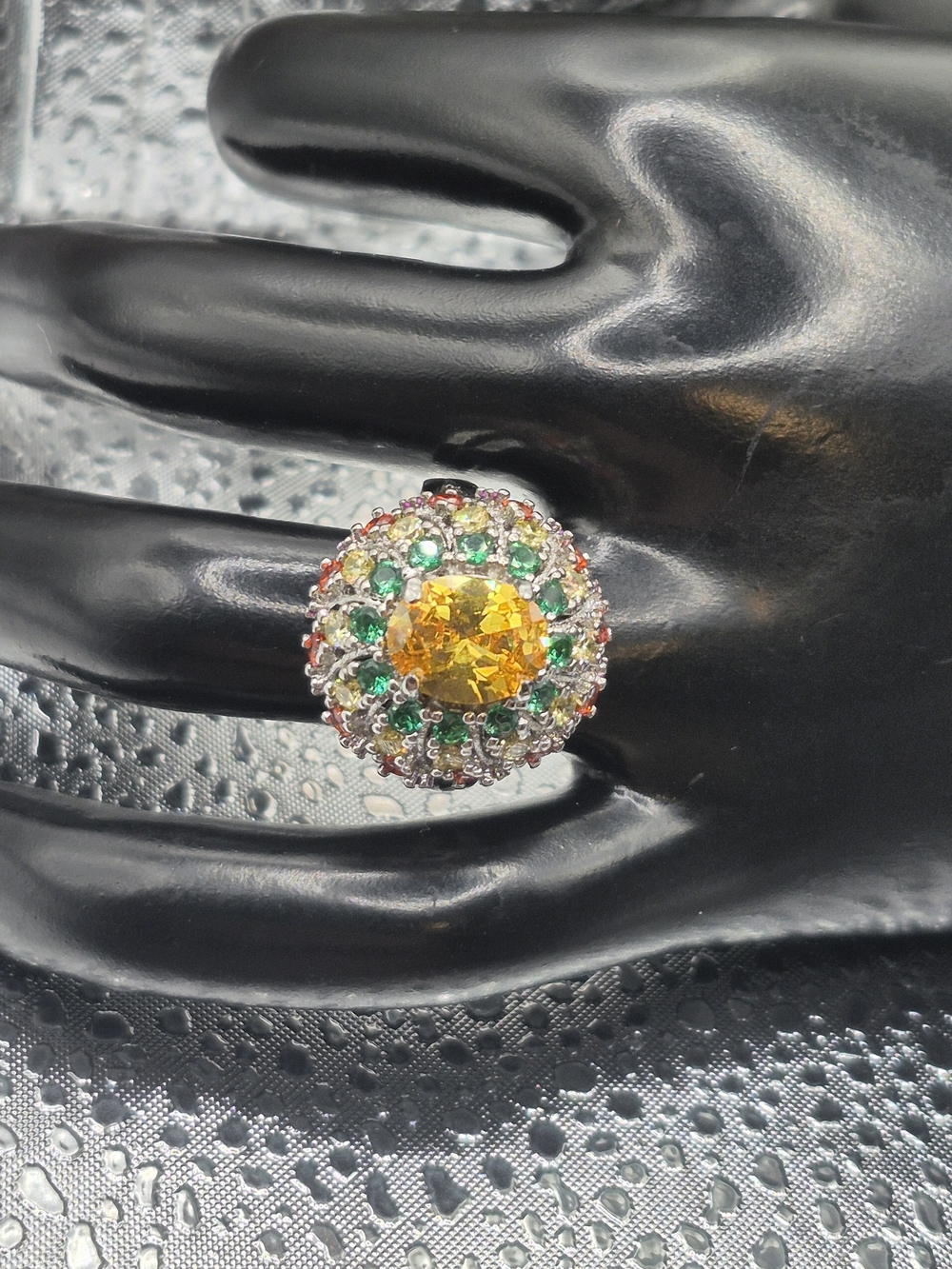 Yellow Crystal Cocktail Ring with Green Accent Stones